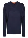 Daniele Fiesoli Deep Navy V-neck Sweater With Ribbed Hem And Cuffs In Blue