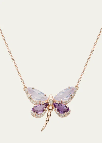 Daniella Kronfle Amethyst And Quartz Dragonfly Necklace With Diamonds In Pink