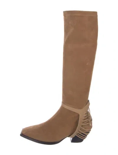 Pre-owned Daniella Shevel Suede Leather Trim Embellishment Boots In Brown