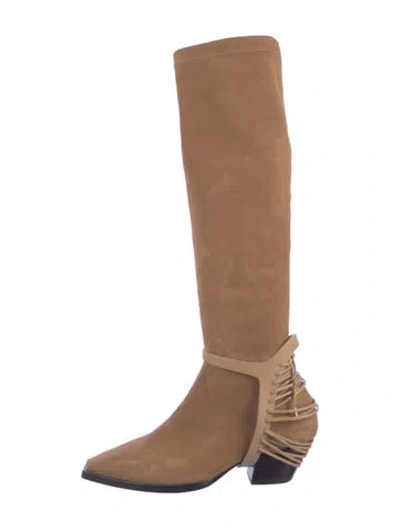 Pre-owned Daniella Shevel Suede Leather Trim Embellishment Riding Boots In Brown