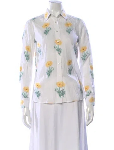 Pre-owned Danielle Fichera Floral Print Long Sleeve Button-up Top In White