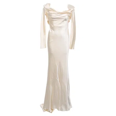 Pre-owned Danielle Frankel Noa Off-the-shoulder Draped Charmeuse Gown In Ivory White Silk