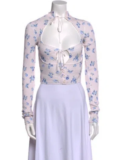 Pre-owned Danielle Guizio Floral Print Mock Neck Crop Top In White