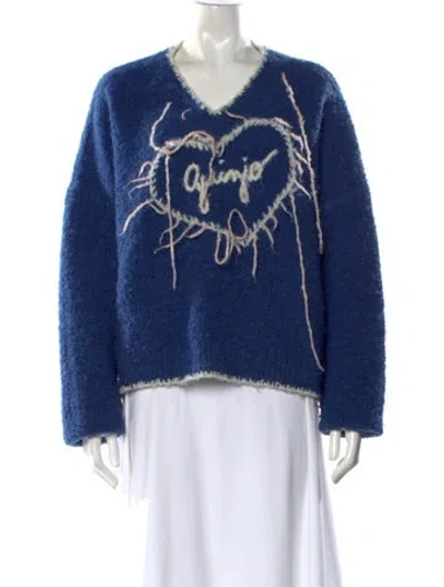 Pre-owned Danielle Guizio Graphic Print V-neck Sweater In Blue