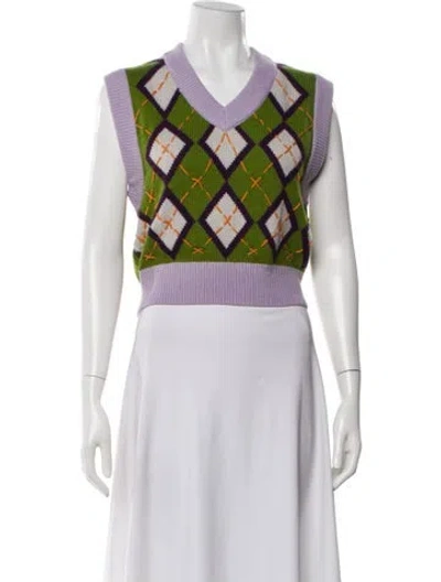Pre-owned Danielle Guizio Plaid Print V-neck Sweater In Purple