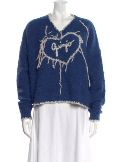 Pre-owned Danielle Guizio Printed V-neck Sweater In Blue