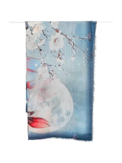 D'aniello Floral-print Frayed Scarf In Blue