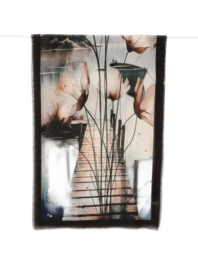 D'aniello Graphic-print Frayed-edge Scarf In White