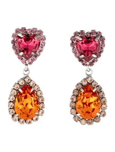 Pre-owned Dannijo Crystal Kate Embellished Heart Drop Earrings In Orange/pink
