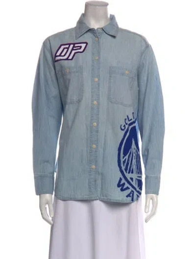 Pre-owned Dannijo Graphic Print Long Sleeve Button-up Top In Blue