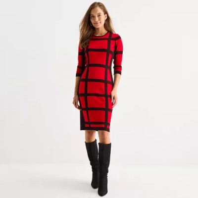 Danny & Nicole Womens 3/4 Sleeve Windowpane Sweater Dress In Red