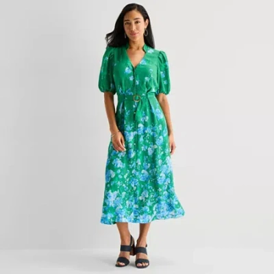 Danny & Nicole Womens Belted Short Sleeve Midi Floral Shirt Dress In Green