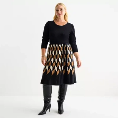 Danny & Nicole Womens Plus 3/4 Sleeve Belted Geometric Sweater Dress In Black