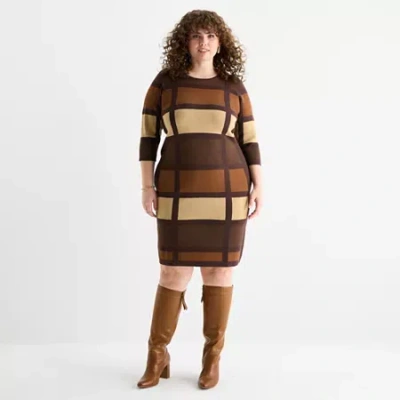 Danny & Nicole Womens Plus 3/4 Sleeve Windowpane Sweater Dress In Brown