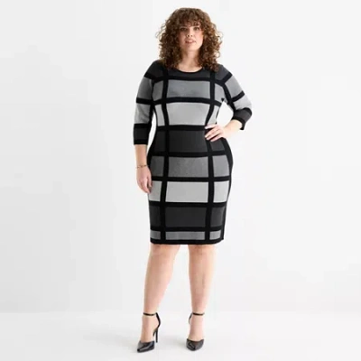 Danny & Nicole Womens Plus 3/4 Sleeve Windowpane Sweater Dress In Gray