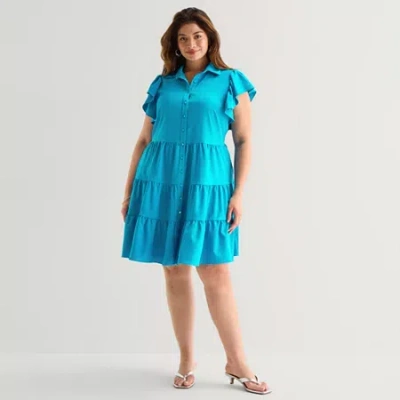 Danny & Nicole Womens Plus Short Sleeve Shirt Dress In Blue