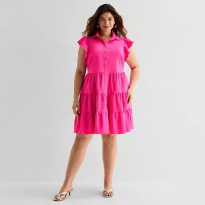 Danny & Nicole Womens Plus Short Sleeve Shirt Dress In Pink
