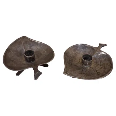 Pre-owned Dansk Danish Mid-century Modern Silver Plate Leaf Candle Holders Denmark In Black