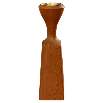 Pre-owned Dansk Jens Quistgaard Danish Modern Tall Teak Candle Holder With Brass Rim In Brown
