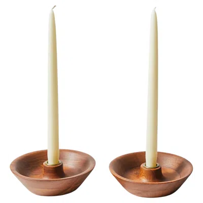 Pre-owned Dansk Pair Of Wooden Saucer Tray Candle Holders By  In Brown