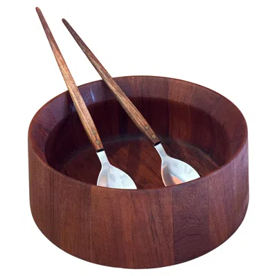 Pre-owned Dansk Sculptural Staved Teak Salad Bowl And Servers By Jens Quistgaard For  In Brown
