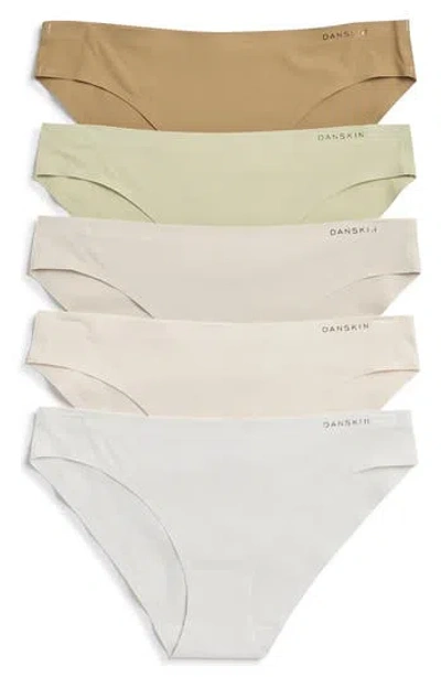 Danskin Assorted 5-pack Ribbed Microfiber Hipster Briefs In Matcha/pearl/oat