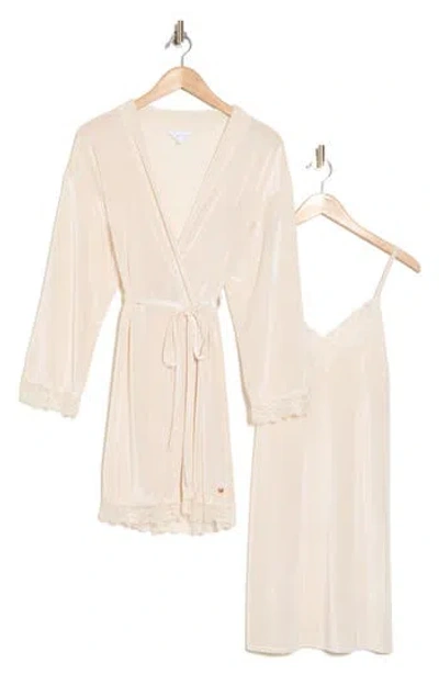 Danskin High Shine Velour Chemise & Robe Set In Dune Dust