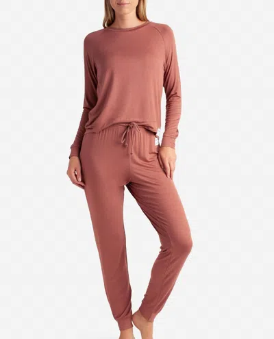 Danskin Raglan Sleeve Crew Neck Sleep Set With Jogger In Tahitian Tan In Pink