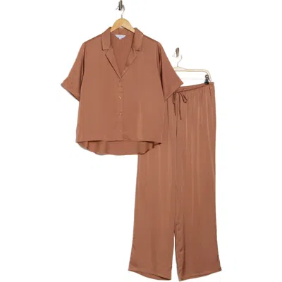 Danskin Satin Short Sleeve Shirt & Pants Pajamas In Russet