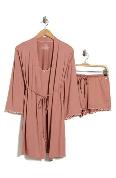Danskin Scalloped Jersey Robe, Camisole & Shorts Set In Pink