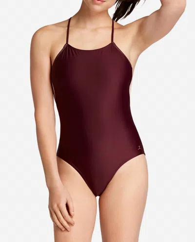Danskin Strappy Halter Mesh Leotard One Piece In Fig In Burgundy