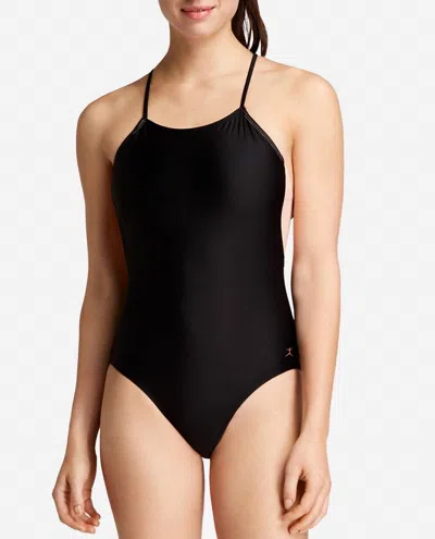 Danskin Strappy Halter Mesh Leotard One Piece In Rich Black