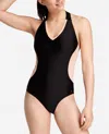 Danskin V-neck Racerback Mesh Leotard One Piece Swimsuit In Rich Black In Black