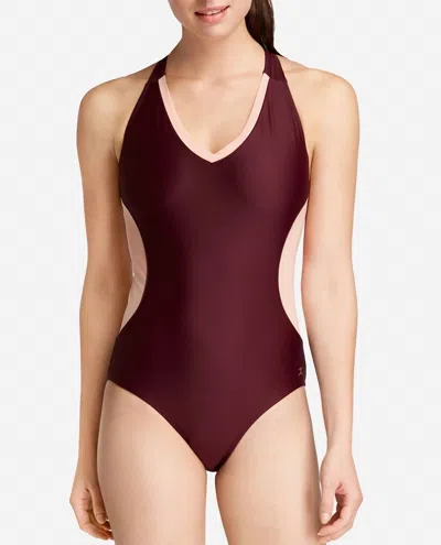 Danskin V-neck Racerback Mesh Leotard One Piece In Fig In Brown