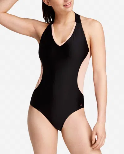 Danskin V-neck Racerback Mesh Leotard One Piece Swimsuit In Rich Black In Multi