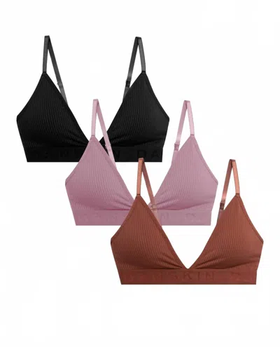 Danskin Women's 3-pack Ribbed Seamless Bralette In Sienna Amber Multicolor