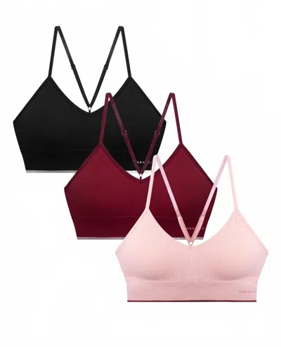 Danskin Women's 3-pack Seamless Braid Texture Bralette With Contrast Line In Pink Earth Multicolor In Gold