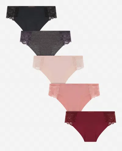 Danskin Women's 5-pack Hipster Underwear With Lace Side Panels In Pink Earth Multicolor