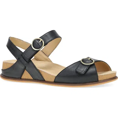 Dansko Candace Ankle Strap Wedge Sandal In Black Burnished Nappa
