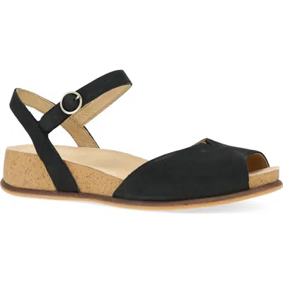 Dansko Cass Ankle Strap Peep Toe Wedge Sandal In Black Milled Nubuck