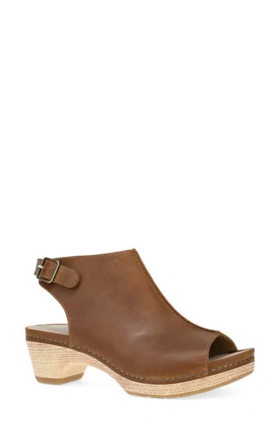 Dansko Lizzy Peep Toe Platform Bootie In Tan Oiled Pull Up