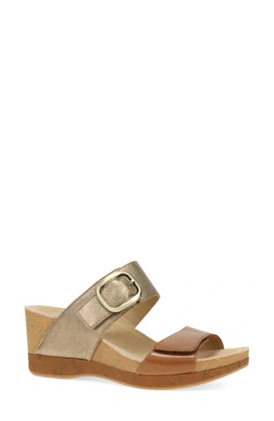 Dansko Shannon Platform Wedge Slide Sandal In Gold/tan Leather