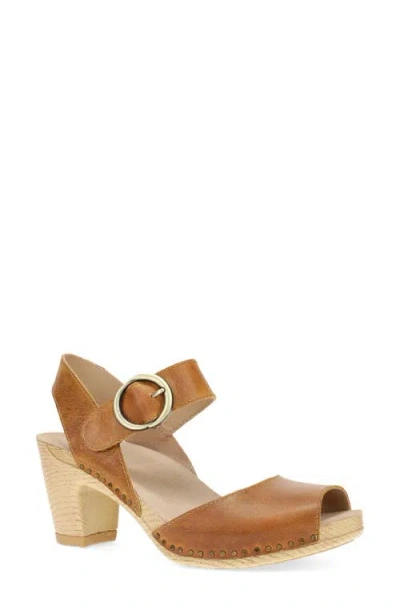 Dansko Tamra Ankle Strap Peep Toe Sandal In Tan Pull Up