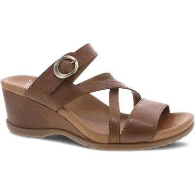 Dansko Women's Ana Glazed Kid Leather Wedge Sandal In Tan In Animal Print