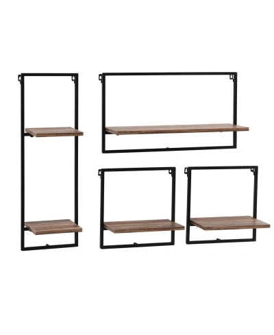 Danya B Framed Wall Art 4-piece Modern Shelf Set, Black Metal Frame And Rustic Distressed Mdf Shelves In Black,rustic Brown