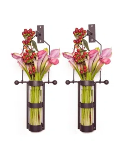 Danya B . Wall Mount Hanging Glass Cylinder Vase Set With Metal Cradle And Hook In Black