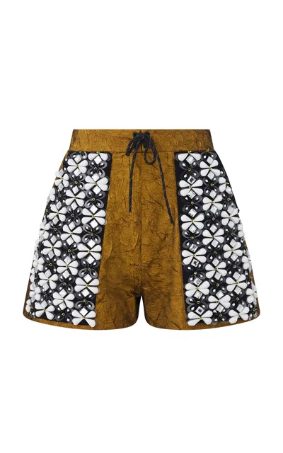 Dar Zéro Studio Embroidered Crinkled Lamè Shorts In Gold