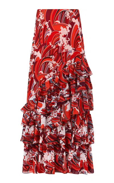 Dar Zéro Studio Ruffled Silk Georgette Maxi Skirt In Red