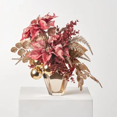 Darby Creek Trading 24 Karat Christmas - Gold Dust Poinsettia & Gold Ornament Ball Arrangement In Diamond Vase Holiday C In Red