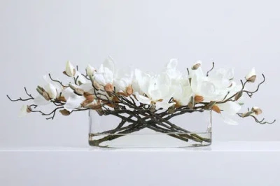 Darby Creek Trading Real Touch Magnolia Blooms Floral Centerpiece Water Illusion Arrangement In White